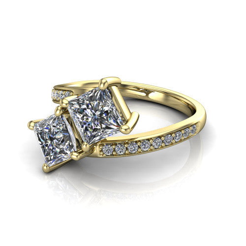 Payton princess three stone engagement ring in 18K Yellow Gold, three-quarter perspective showing two diamonds set corner to corner above a pav&eacute; bypass split shank