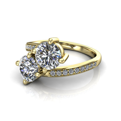 Payton round three stone engagement ring in 18K Yellow Gold, three-quarter perspective showing two diamonds set corner to corner above a pav&eacute; bypass split shank