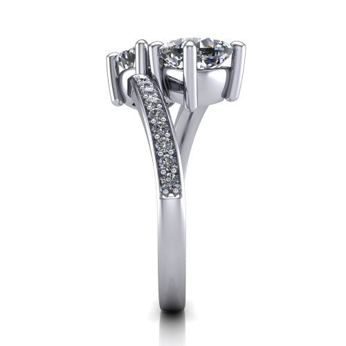 Payton cushion three stone engagement ring in 14K White Gold, side profile showing the pav&eacute; split shank crossing in a bypass beneath the two-stone head