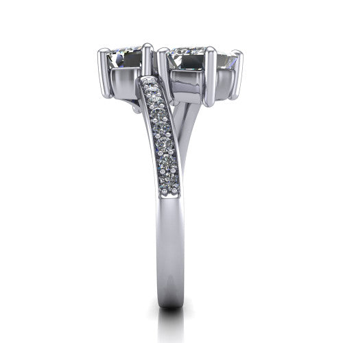 Payton emerald three stone engagement ring in 18K White Gold, side profile showing the pav&eacute; split shank crossing in a bypass beneath the two-stone head