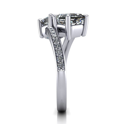 Payton asscher three stone engagement ring in 14K White Gold, side profile showing the pav&eacute; split shank crossing in a bypass beneath the two-stone head