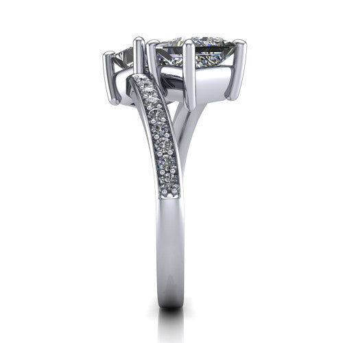 Payton princess three stone engagement ring in 14K White Gold, side profile showing the pav&eacute; split shank crossing in a bypass beneath the two-stone head