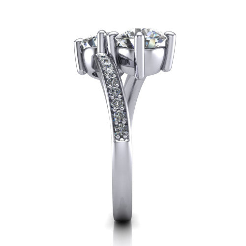 Payton round three stone engagement ring in 18K White Gold, side profile showing the pav&eacute; split shank crossing in a bypass beneath the two-stone head