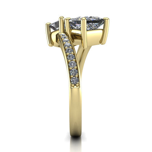 Payton princess three stone engagement ring in 14K Yellow Gold, side profile showing the pav&eacute; split shank crossing in a bypass beneath the two-stone head