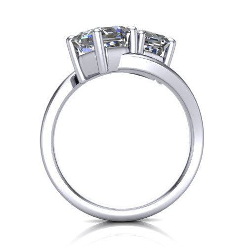 Payton asscher three stone engagement ring in Platinum, through-finger front profile showing the two-stone head raised above the pav&eacute; split band