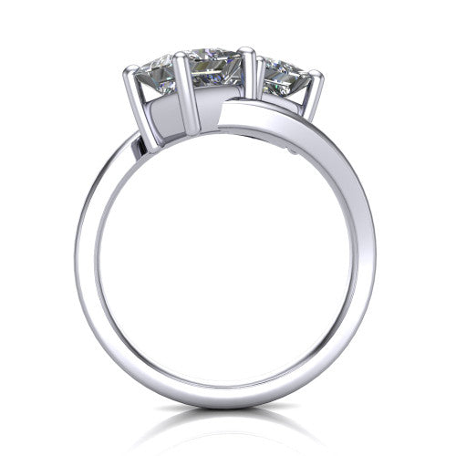 Payton princess three stone engagement ring in 18K White Gold, through-finger front profile showing the two-stone head raised above the pav&eacute; split band