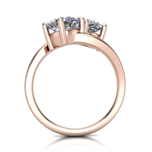 Payton cushion three stone engagement ring in 14K Rose Gold, through-finger front profile showing the two-stone head raised above the pav&eacute; split band