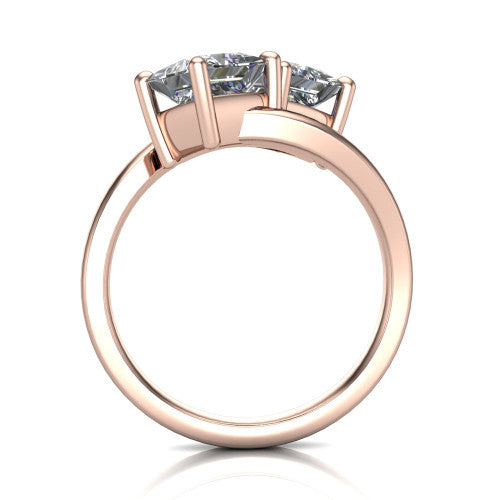 Payton princess three stone engagement ring in 14K Rose Gold, through-finger front profile showing the two-stone head raised above the pav&eacute; split band