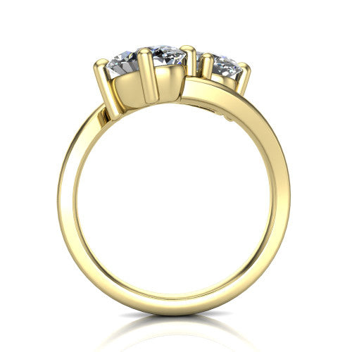 Payton oval three stone engagement ring in 18K Yellow Gold, through-finger front profile showing the two-stone head raised above the pav&eacute; split band