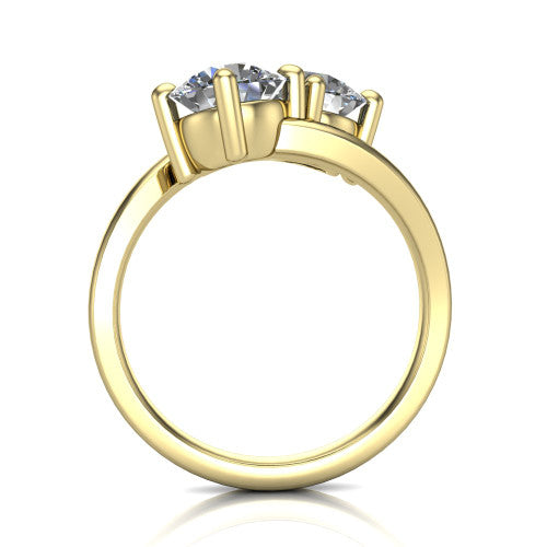 Payton round three stone engagement ring in 18K Yellow Gold, through-finger front profile showing the two-stone head raised above the pav&eacute; split band