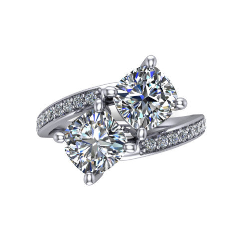 Payton cushion three stone engagement ring in Platinum, top-down view showing the two diamonds in a toi et moi arrangement where the pav&eacute; split rails meet the head