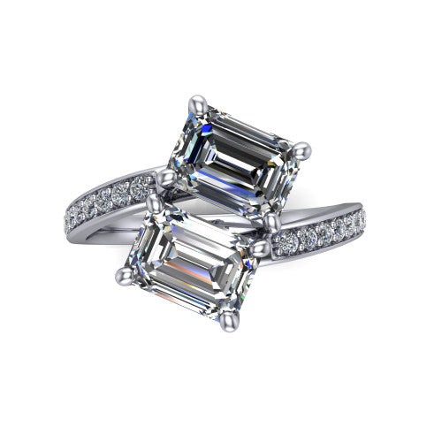 Payton emerald three stone engagement ring in 14K White Gold, top-down view showing the two diamonds in a toi et moi arrangement where the pav&eacute; split rails meet the head