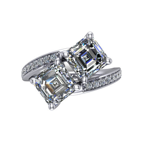 Payton asscher three stone engagement ring in 18K White Gold, top-down view showing the two diamonds in a toi et moi arrangement where the pav&eacute; split rails meet the head