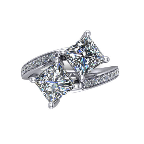 Payton princess three stone engagement ring in Platinum, top-down view showing the two diamonds in a toi et moi arrangement where the pav&eacute; split rails meet the head