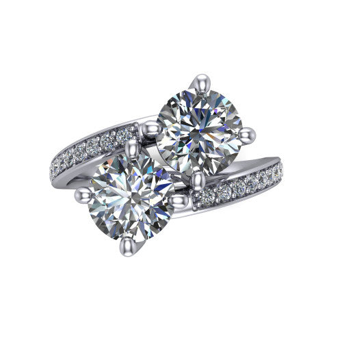 Payton round three stone engagement ring in 18K White Gold, top-down view showing the two diamonds in a toi et moi arrangement where the pav&eacute; split rails meet the head