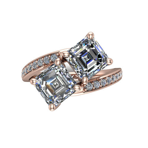 Payton asscher three stone engagement ring in 18K Rose Gold, top-down view showing the two diamonds in a toi et moi arrangement where the pav&eacute; split rails meet the head