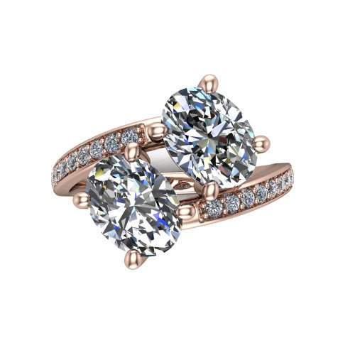 Payton oval three stone engagement ring in 18K Rose Gold, top-down view showing the two diamonds in a toi et moi arrangement where the pav&eacute; split rails meet the head