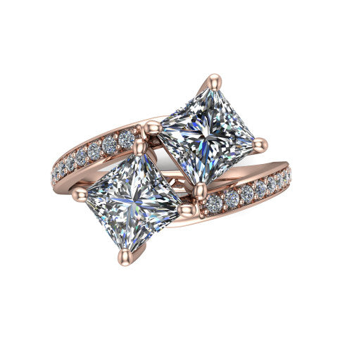Payton princess three stone engagement ring in 14K Rose Gold, top-down view showing the two diamonds in a toi et moi arrangement where the pav&eacute; split rails meet the head