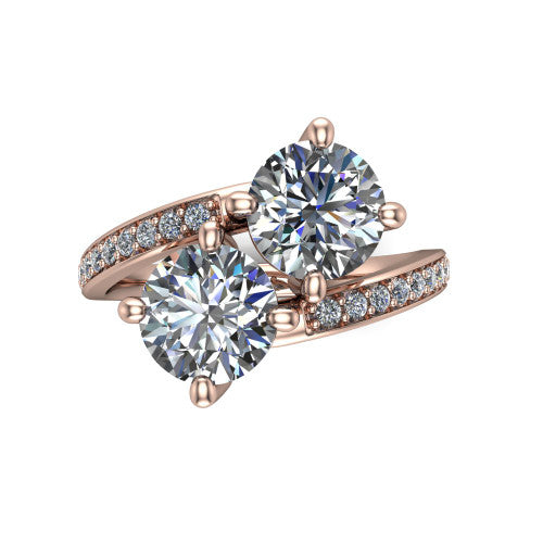Payton round three stone engagement ring in 18K Rose Gold, top-down view showing the two diamonds in a toi et moi arrangement where the pav&eacute; split rails meet the head