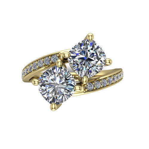 Payton cushion three stone engagement ring in 14K Yellow Gold, top-down view showing the two diamonds in a toi et moi arrangement where the pav&eacute; split rails meet the head