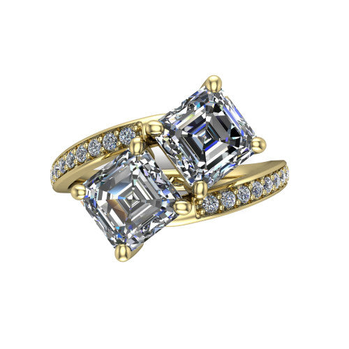 Payton asscher three stone engagement ring in 14K Yellow Gold, top-down view showing the two diamonds in a toi et moi arrangement where the pav&eacute; split rails meet the head