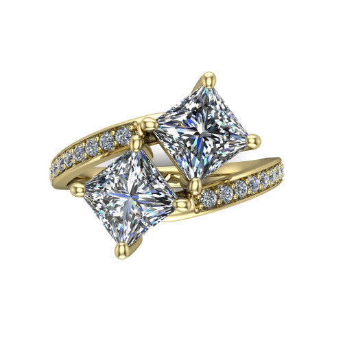 Payton princess three stone engagement ring in 14K Yellow Gold, top-down view showing the two diamonds in a toi et moi arrangement where the pav&eacute; split rails meet the head