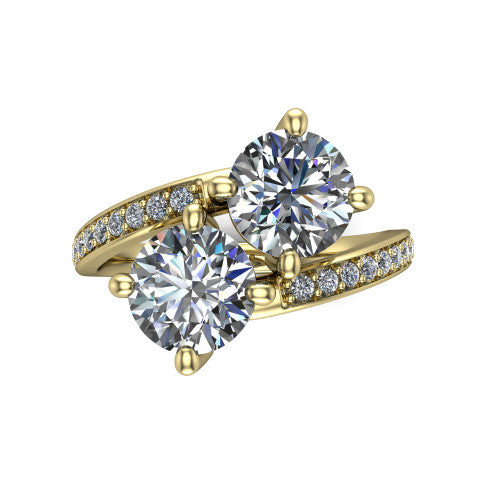 Payton round three stone engagement ring in 14K Yellow Gold, top-down view showing the two diamonds in a toi et moi arrangement where the pav&eacute; split rails meet the head