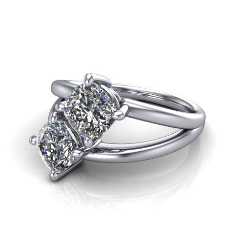 Michelle cushion three stone engagement ring in 18K White Gold, three-quarter perspective showing two diamonds set corner to corner above an open polished split shank