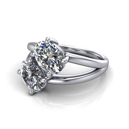Michelle oval three stone engagement ring in 14K White Gold, three-quarter perspective showing two diamonds set corner to corner above an open polished split shank