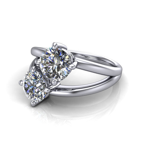 Michelle round three stone engagement ring in 18K White Gold, three-quarter perspective showing two diamonds set corner to corner above an open polished split shank