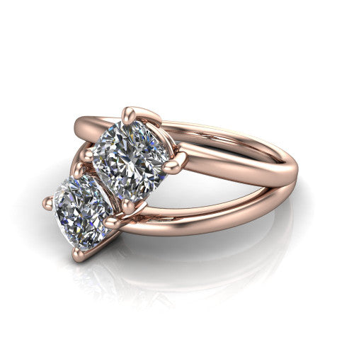 Michelle cushion three stone engagement ring in 18K Rose Gold, three-quarter perspective showing two diamonds set corner to corner above an open polished split shank