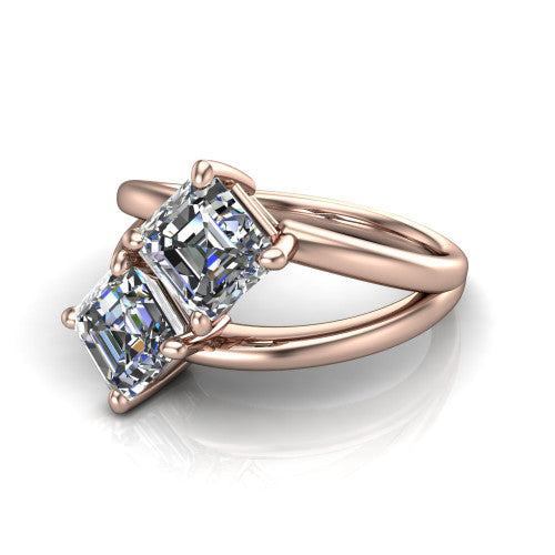 Michelle asscher three stone engagement ring in 14K Rose Gold, three-quarter perspective showing two diamonds set corner to corner above an open polished split shank