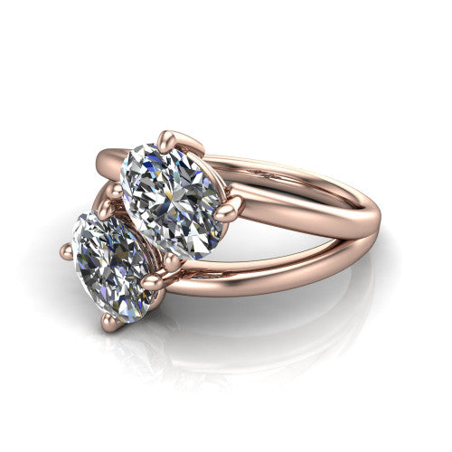 Michelle oval three stone engagement ring in 14K Rose Gold, three-quarter perspective showing two diamonds set corner to corner above an open polished split shank