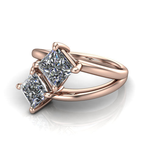 Michelle princess three stone engagement ring in 18K Rose Gold, three-quarter perspective showing two diamonds set corner to corner above an open polished split shank