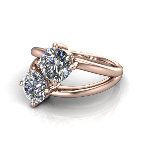 Michelle round three stone engagement ring in 18K Rose Gold, three-quarter perspective showing two diamonds set corner to corner above an open polished split shank