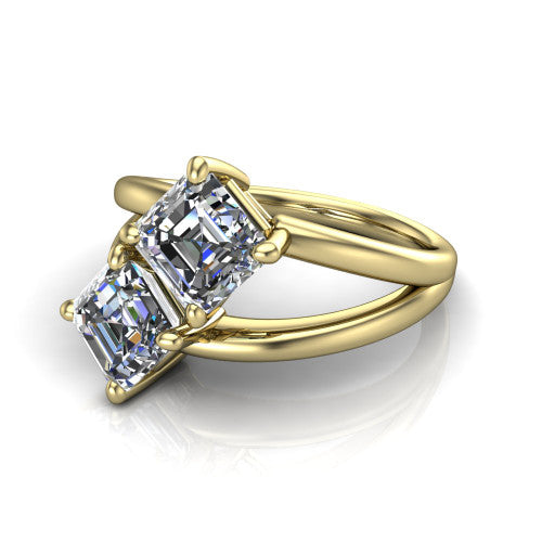 Michelle asscher three stone engagement ring in 14K Yellow Gold, three-quarter perspective showing two diamonds set corner to corner above an open polished split shank