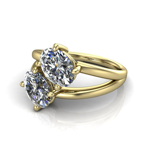 Michelle oval three stone engagement ring in 14K Yellow Gold, three-quarter perspective showing two diamonds set corner to corner above an open polished split shank