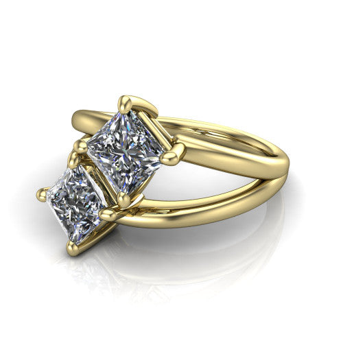 Michelle princess three stone engagement ring in 18K Yellow Gold, three-quarter perspective showing two diamonds set corner to corner above an open polished split shank