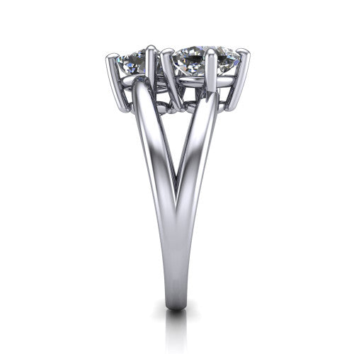 Michelle cushion three stone engagement ring in 14K White Gold, side profile showing the polished split shank dividing into two rails beneath the two-stone head