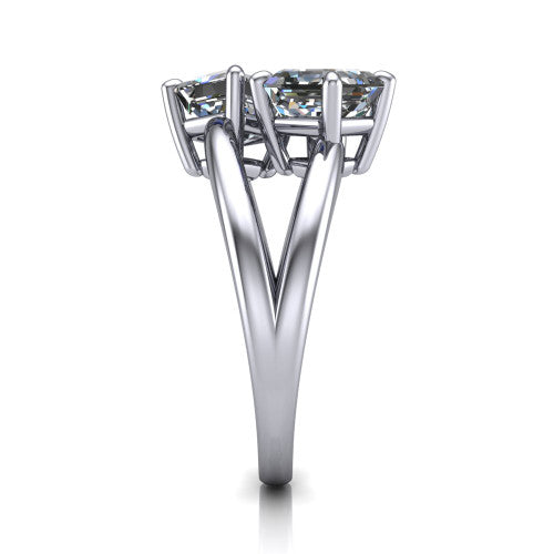 Michelle asscher three stone engagement ring in 18K White Gold, side profile showing the polished split shank dividing into two rails beneath the two-stone head