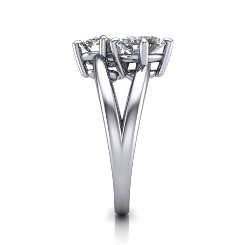 Michelle oval three stone engagement ring in 18K White Gold, side profile showing the polished split shank dividing into two rails beneath the two-stone head