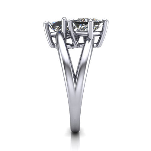 Michelle princess three stone engagement ring in Platinum, side profile showing the polished split shank dividing into two rails beneath the two-stone head