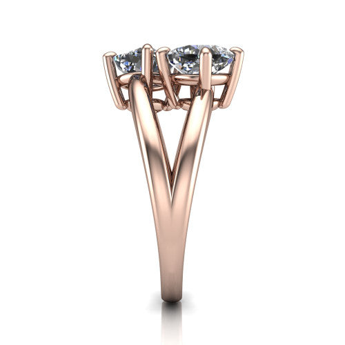 Michelle cushion three stone engagement ring in 14K Rose Gold, side profile showing the polished split shank dividing into two rails beneath the two-stone head
