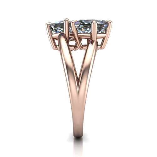 Michelle asscher three stone engagement ring in 14K Rose Gold, side profile showing the polished split shank dividing into two rails beneath the two-stone head