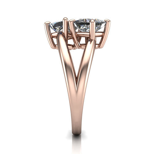 Michelle princess three stone engagement ring in 14K Rose Gold, side profile showing the polished split shank dividing into two rails beneath the two-stone head