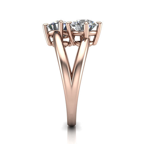 Michelle round three stone engagement ring in 18K Rose Gold, side profile showing the polished split shank dividing into two rails beneath the two-stone head