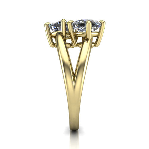 Michelle cushion three stone engagement ring in 14K Yellow Gold, side profile showing the polished split shank dividing into two rails beneath the two-stone head