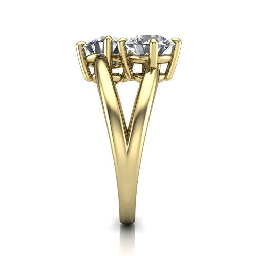 Michelle round three stone engagement ring in 14K Yellow Gold, side profile showing the polished split shank dividing into two rails beneath the two-stone head