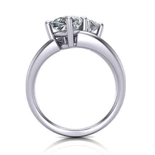 Michelle cushion three stone engagement ring in 14K White Gold, through-finger front profile showing the two-stone head raised above the open split band