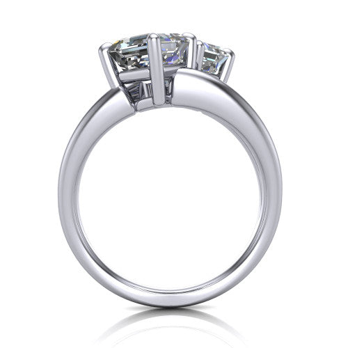 Michelle asscher three stone engagement ring in 18K White Gold, through-finger front profile showing the two-stone head raised above the open split band